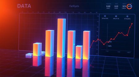 3d rendering of data analysis concept with bar graph in blue background