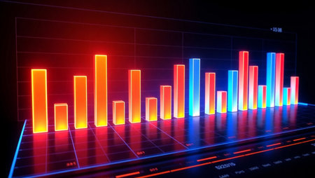 3d rendering of a glowing bar chart on a laptop screen.