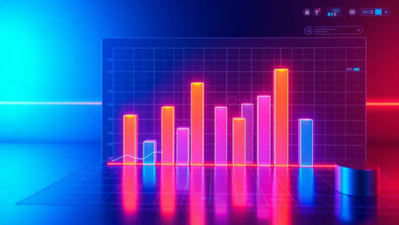 3d rendering of stock market graph on dark background with neon lightsの写真素材