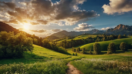 Panoramic view of the mountains and meadows at sunset.