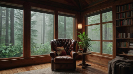 Interior of a cozy room with a large window and a wooden chairの写真素材