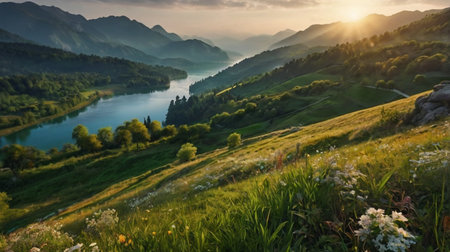 Beautiful summer landscape with mountains and lake in the morning light.の写真素材