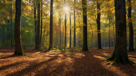 Autumn forest with sunbeams in the morning, nature series