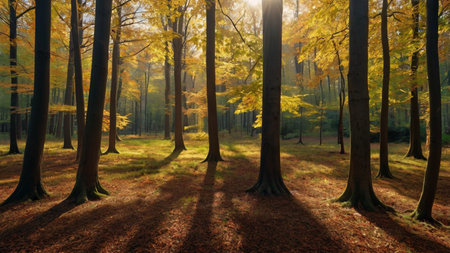 Autumn forest with sunbeams in the morning. 3d render