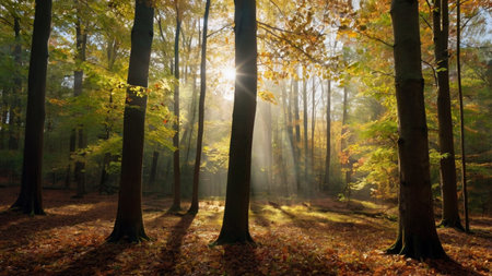 Autumn morning in the forest with sunbeams and lens flare