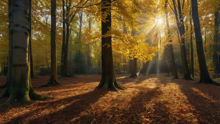 Autumn forest with sunbeams in the morning. Panorama