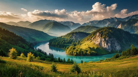 panoramic view of idyllic alpine lake in the mountainsの写真素材