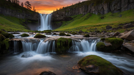 Seljalandsfoss waterfall at sunrise, Iceland. Long exposure.