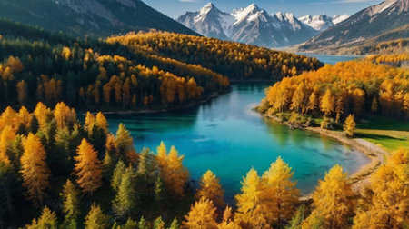 Aerial view of beautiful alpine lake with yellow autumn forest.の写真素材