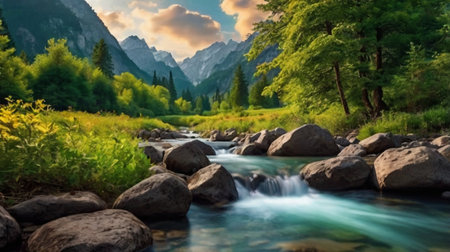 Beautiful mountain landscape with a river in the foreground and the mountains in the background
