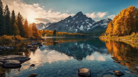 Panoramic view of the mountain lake and forest at sunset.