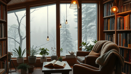 3d render of interior of cozy living room with bookshelf