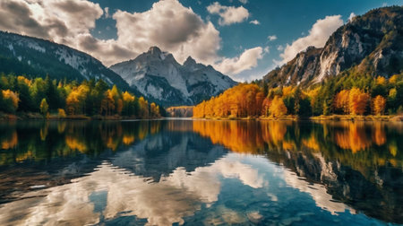 Autumn alpine lake with reflection of Dolomites mountains.