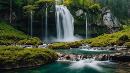 Waterfall in the mountains. Beautiful waterfall in the forest. Mountain landscape.