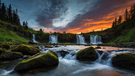 Kjolurfoss waterfall at sunset, Iceland, Europe