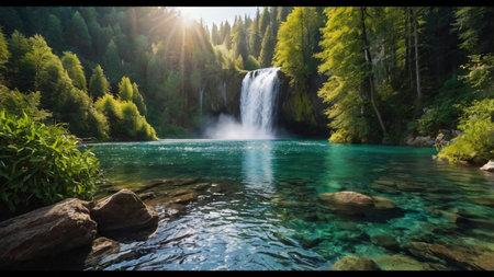 Beautiful waterfall in the forest. Panoramic view of a waterfall in the forest.