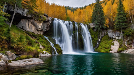 Waterfall in the autumn forest. Beautiful landscape with a waterfall in the mountains.