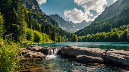Beautiful alpine landscape with mountain river and high peaks in the background