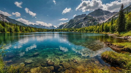 Panoramic view of turquoise mountain lake in Dolomites, Italy