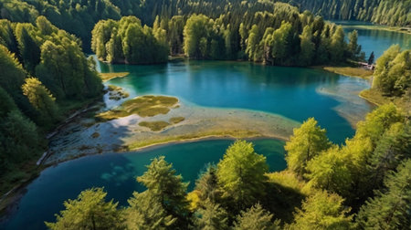 Aerial view of the beautiful turquoise lake in the forest