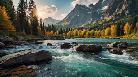 Mountain river with clear water and autumn forest in the background.