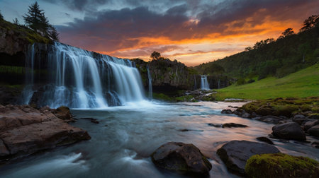 Long exposure of a waterfall in a national park.