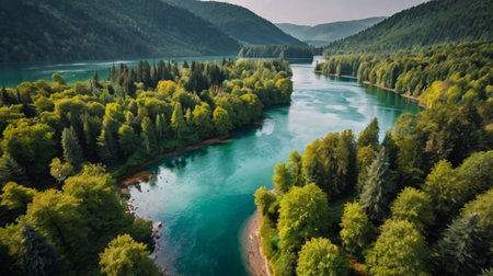 Aerial view of the river and forest in the mountains. Beautiful summer landscape
