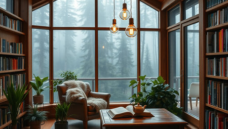 Interior of a cozy living room with a panoramic window overlooking the forest. 3d renderingの写真素材