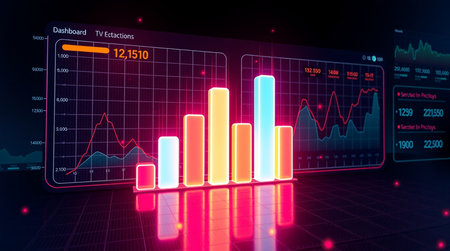 Futuristic glowing bar chart interface on dark background. 3D Rendering