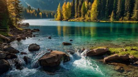 Beautiful mountain lake with turquoise water and high mountains on background
