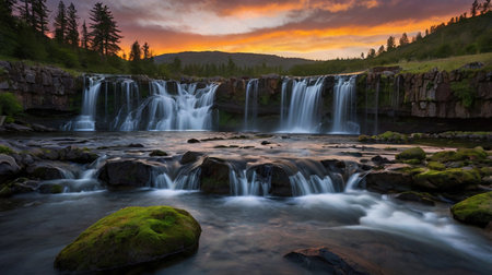 Long exposure image of a beautiful waterfall at sunset in the mountains.