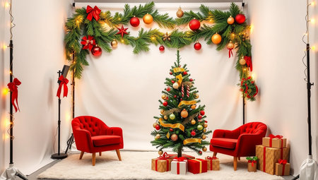 3d render of christmas tree with red armchair and gifts