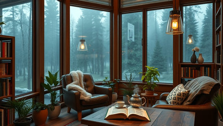 Interior of a cozy living room with a large window overlooking the mountains