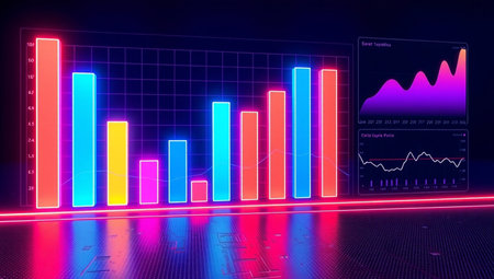 3D rendering of a colorful neon bar chart on a dark backgroundの写真素材