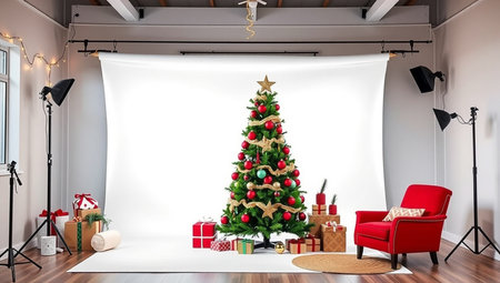Christmas tree in a room with red armchair. 3d rendering