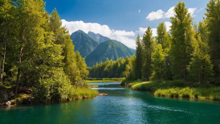 Panoramic view of the mountain river.