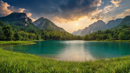 Panoramic view of idyllic alpine lake in the Alps at sunset