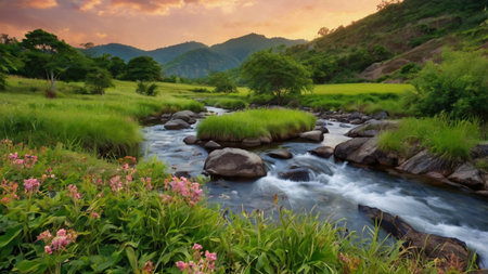 Landscape of mountain river with grass and flowers in the evening.