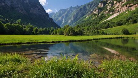 Landscape of green meadow and mountain lake in Caucasus mountains.