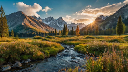 Panoramic view of the mountain river in the valley at sunset