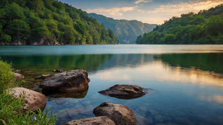 Lake in the mountains. Beautiful summer landscape with mountain lake and rocks.