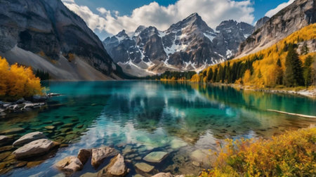 Beautiful alpine lake with reflection of mountains and clouds in autumn