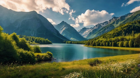 Panoramic view of the lake in the mountains. Summer landscape.