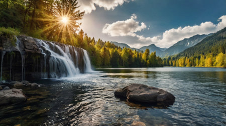 Autumn landscape with mountain lake and waterfall in the forest at sunset