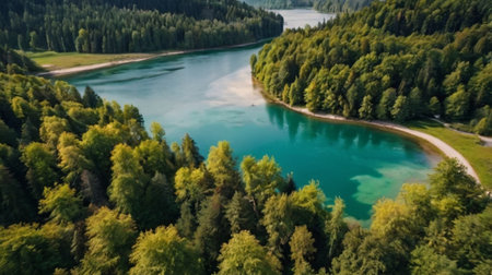 Aerial view of beautiful turquoise lake surrounded by green forest.