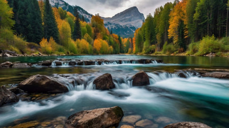Mountain river in the autumn forest. Beautiful landscape with a mountain river.