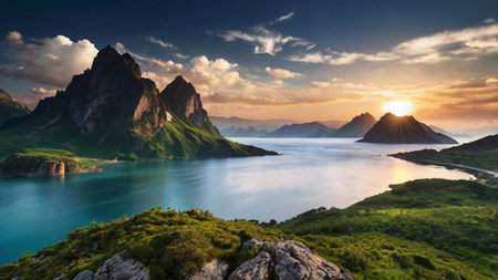 Sunset over the Lofoten islands, Norway. Panorama