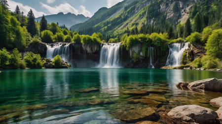 Beautiful view of the waterfall in the mountains. Summer landscape.