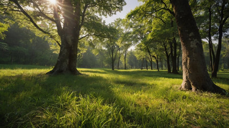 Sunset in the forest with green grass and trees, nature background