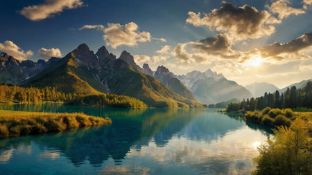 Beautiful alpine lake with reflection of the mountains in the water